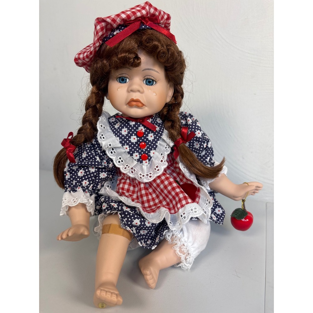 Granville House Collection Porcelain Crying Doll Auburn Braids Gingham Dress Box